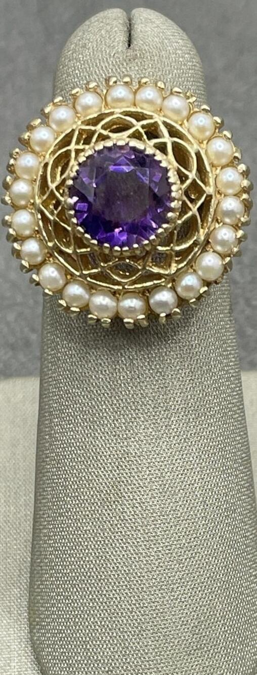 14K Yellow Gold Circular Seed Pearl & Purple Stone Ring (26888)